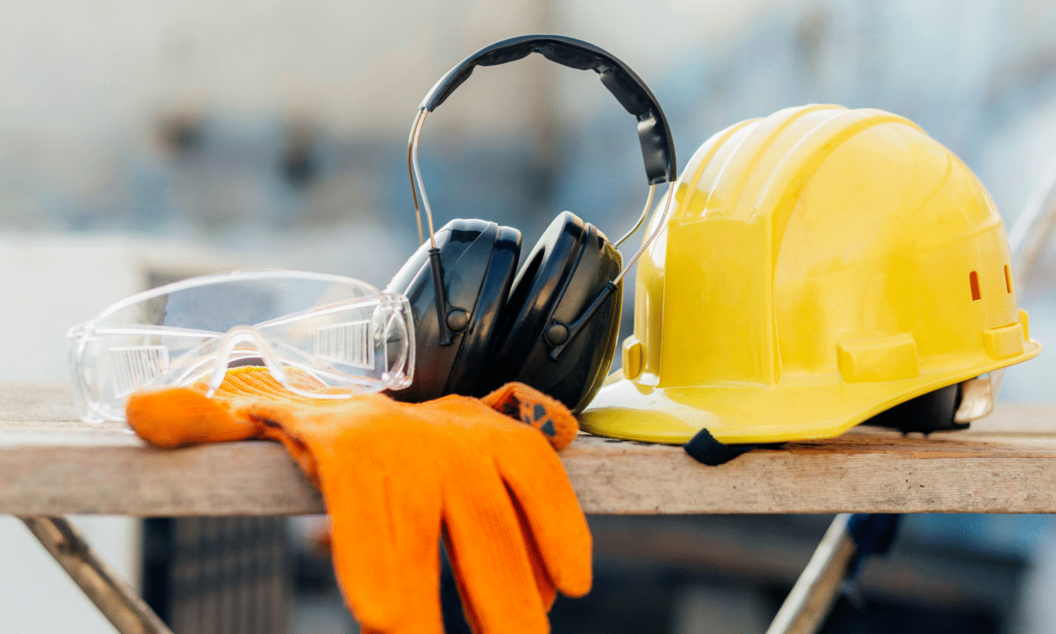 Construction site safety gear: glasses, gloves, ear protection, and hardhat